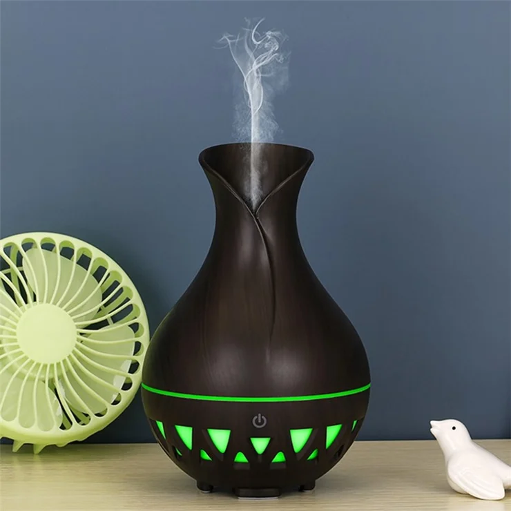 160ml Vase Shape Humidifier Colorful Light Wood Grain Hollow Essential Oil Diffuser (No CE Certificate) - Black / UK Plug