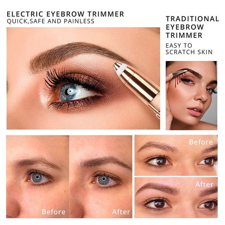 2 In 1 Multifunction Electric Eyebrow Trimmer Rechargeable Lipstick Shape Hair Remover with LED Light - Rose Gold