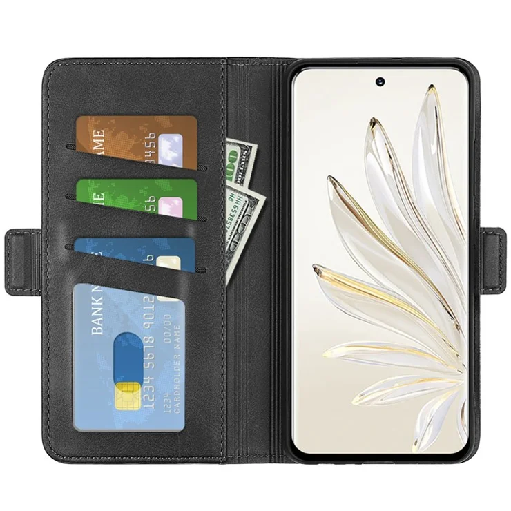 For Honor 70 5G PU Leather Wallet Case Dual Magnetic Clasp Stand Flip Protective Cover - Black