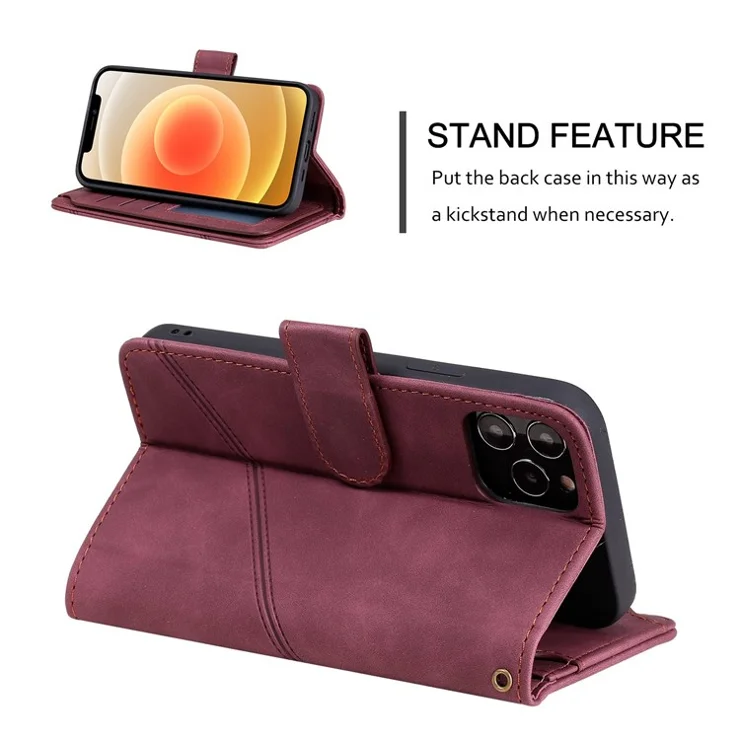 For iPhone 12/12 Pro 6.1 inch Folio Flip PU Leather Stand Cover Imprinted Cellphone Case with Multiple Card Slots and Cash Pocket - Red