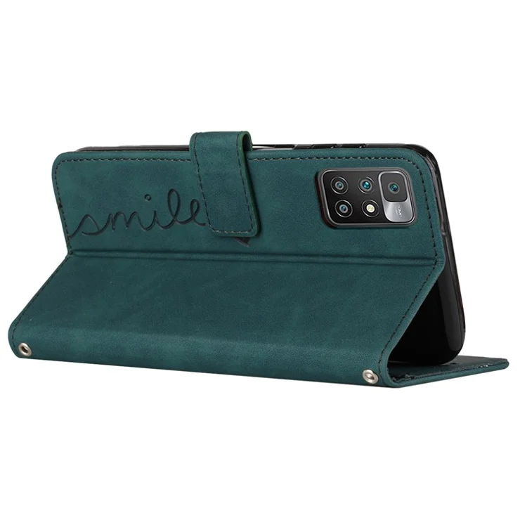 For Xiaomi Redmi 10/10 Prime/10 2022/Note 11 4G (MediaTek) Shockproof Phone Case Skin-touch Feeling Heart Shape Imprinted Cellphone Cover PU Leather Wallet Stand with Strap - Green