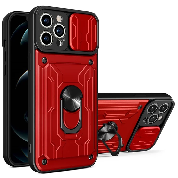 For iPhone 14 Pro Max 6.7 inch Kickstand Phone Case Hard PC Soft TPU Hybrid Cover with Card Holder and Slide Lens Protection - Red
