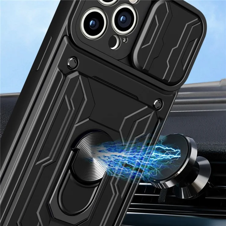 For iPhone 14 Pro 6.1 inch Slide Lens Cover Kickstand PC + TPU Shell Card Holder Shockproof Phone Case - Blackish Green