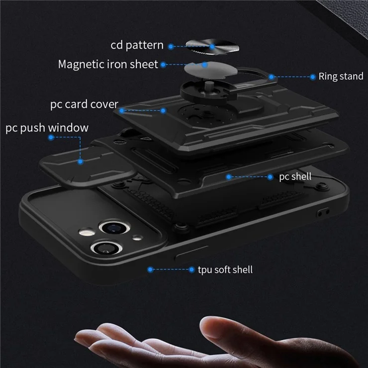 For iPhone 14 6.1 inch Slide Lens Protection Design Kickstand Case Hard PC Soft TPU Impact-Resistant Cover with Card Holder - Rose Gold