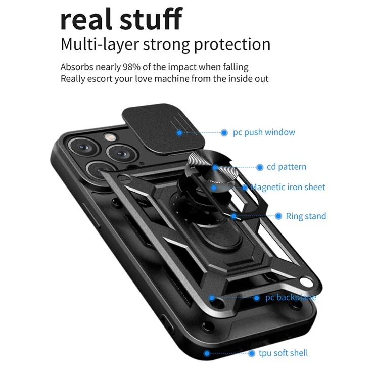 For iPhone 14 Pro Max 6.7 inch Anti-fingerprint Phone Shell Slide Camera Protection PC + TPU Ring Kickstand Anti-scratch Phone Cover Case - Blue