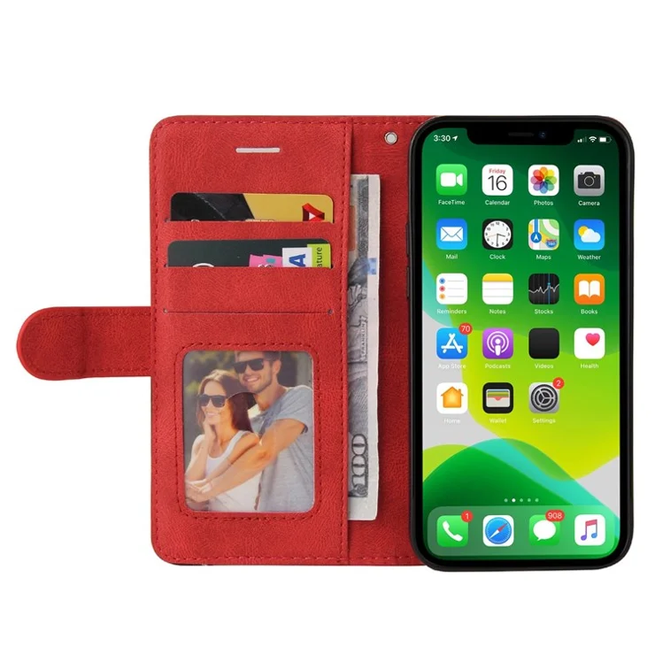 For iPhone 14 Leather Case Wallet Stand Color Splicing Phone Cover - Red