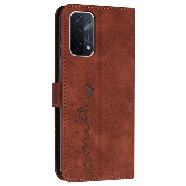 For Oppo A74 5G/A93 5G/A54 5G Imprinted Heart Shape Wallet Case Skin-touch Feeling Leather Stand Feature Flip Cover with Strap - Brown