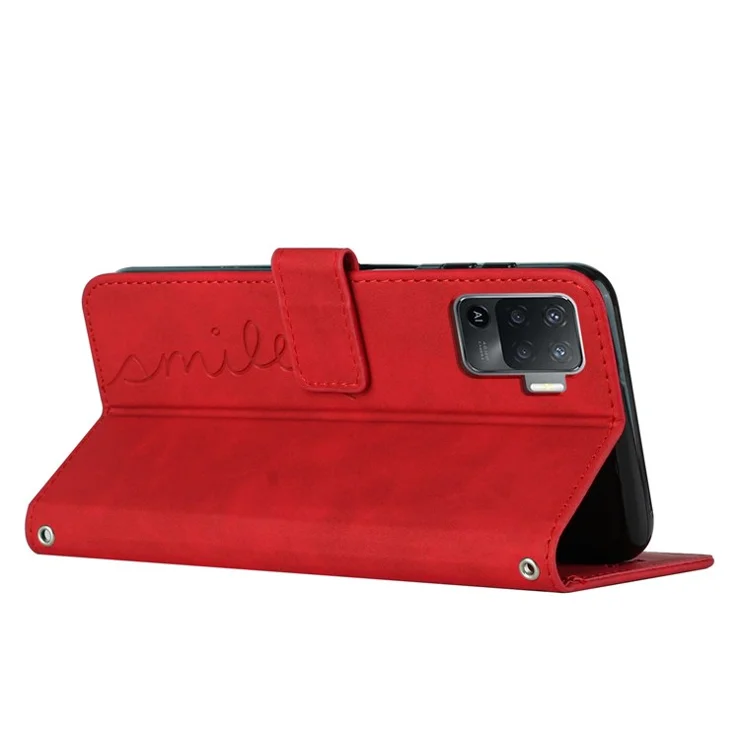 For Oppo A94 4G/5G/F19 Pro/F19 Pro+ 5G/A95 5G/Reno5 Z/Reno6 Z/Reno5 F/Reno5 Lite Heart Shape Imprinted Wallet Case Skin-touch Feeling Leather Stand Cover - Red