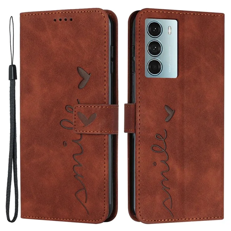 For Motorola Moto G200 5G/Edge S30 Skin-touch Phone Case Heart Shape Imprinted PU Leather Stand Wallet Flip Cover - Brown