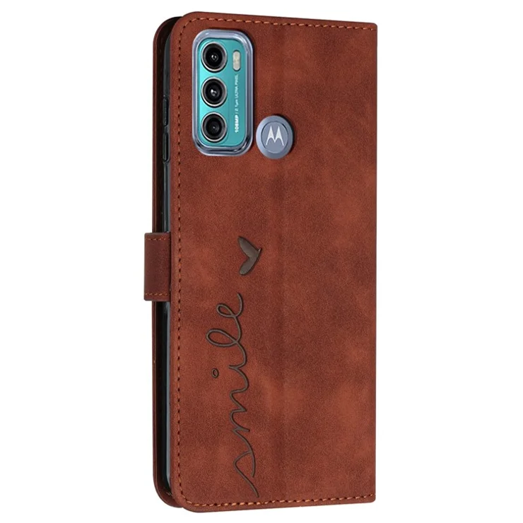 For Motorola Moto G60/G40 Fusion Anti-scratch Phone Leather Case Bag Heart Shape Imprinted Skin-touch Feeling Stand Wallet Phone Shell - Brown