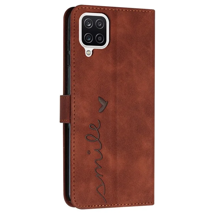 For Samsung Galaxy A22 4G (EU Version)/M22/F22/M32 (India Version)/M32 (Global Version) 4G Skin-touch Feeling Heart Shape Imprinted Phone Case PU Leather Wallet Stand Shell with Strap - Brown