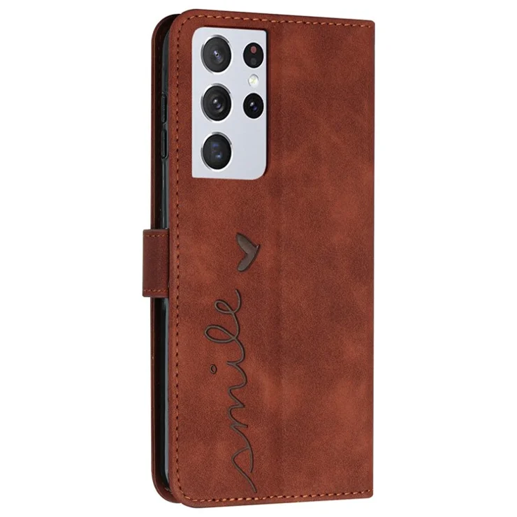 PU Leather Stand Wallet Case for Samsung Galaxy S21 Ultra 5G, Skin-touch Imprinted Heart Shape Full Protection Phone Shell - Brown