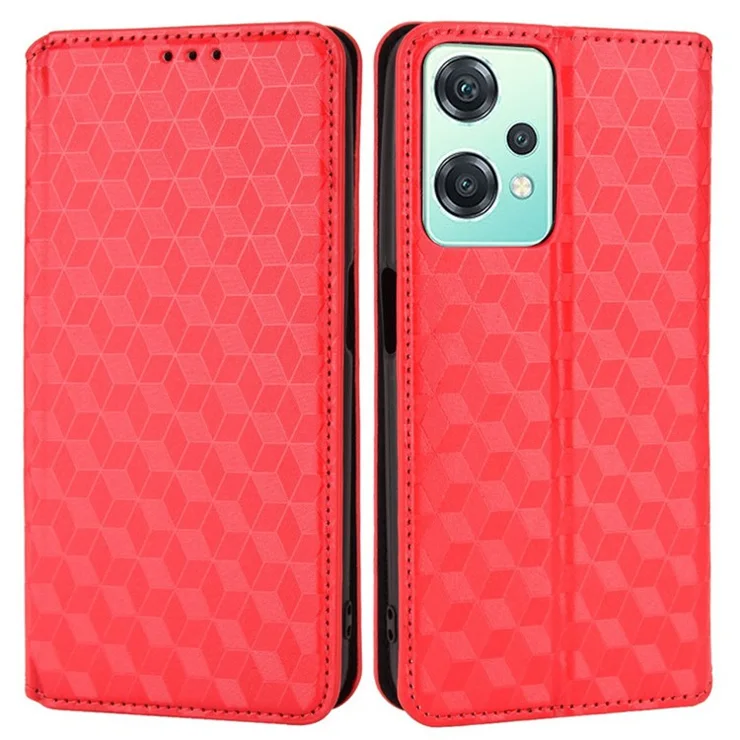 For OnePlus Nord CE 2 Lite 5G PU Leather Rhombus Pattern Imprinted Cover Magnetic Absorption Wallet Stand Shockproof Phone Case - Red