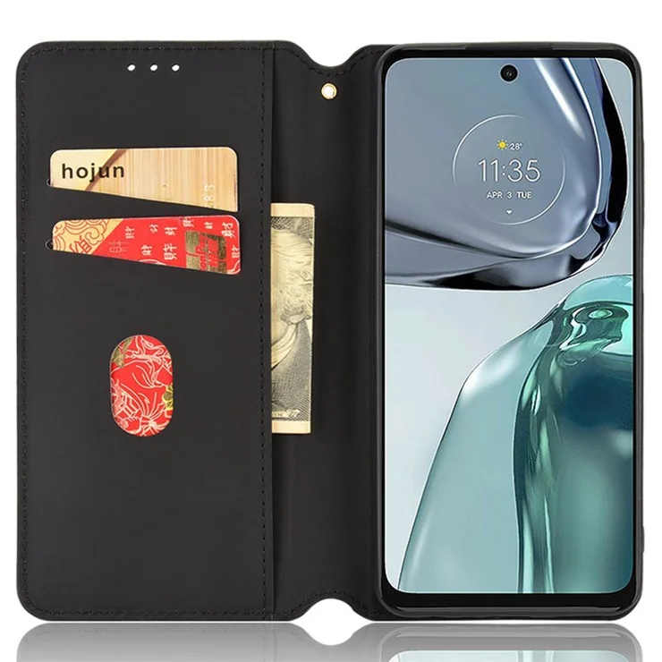 For Motorola Moto G62 5G Rhombus Pattern Imprinted PU Leather Case Auto Magnetic Closed Stand Wallet Soft Inner TPU Book Cover - Brown