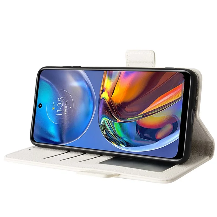 For Motorola Moto E32 4G Litchi Texture PU Leather Case Dual Magnetic Clasp Protect Stand Wallet Phone Cover - White