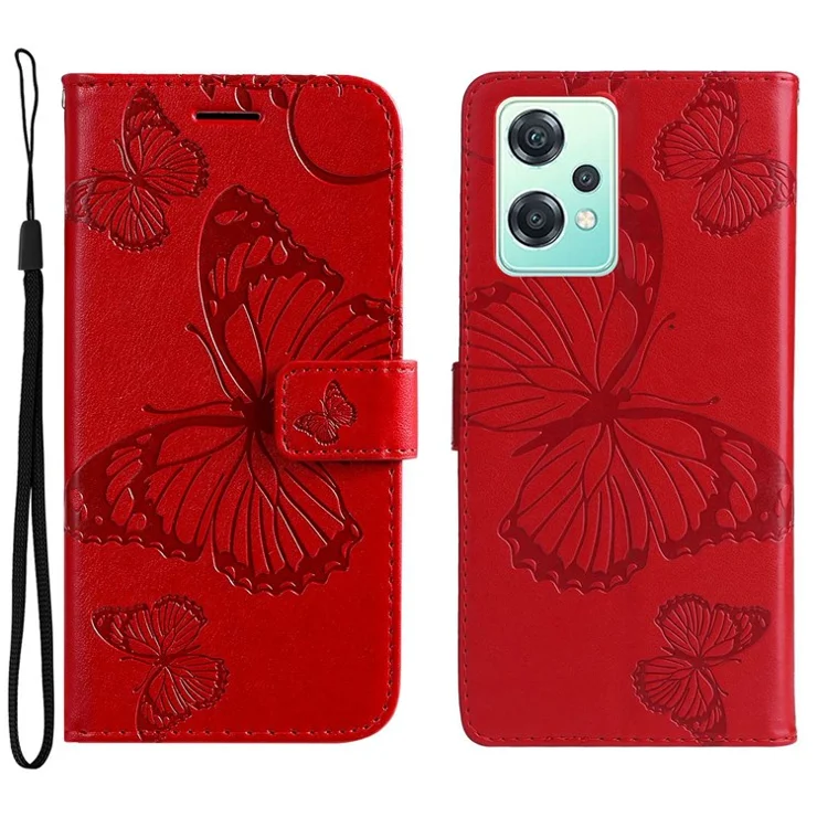 For OnePlus Nord CE 2 Lite 5G Case Solid Color Leather Mobile Cover Wallet Stand with Strap - Red