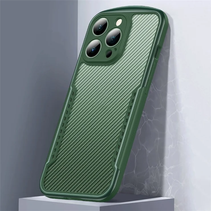 XUNDD for iPhone 13 Pro Max 6.7 inch Anti-drop Matte Phone Case with Camera Protection Carbon Fiber Texture Acrylic + TPU Strengthen Four Corners Back Cover - Green
