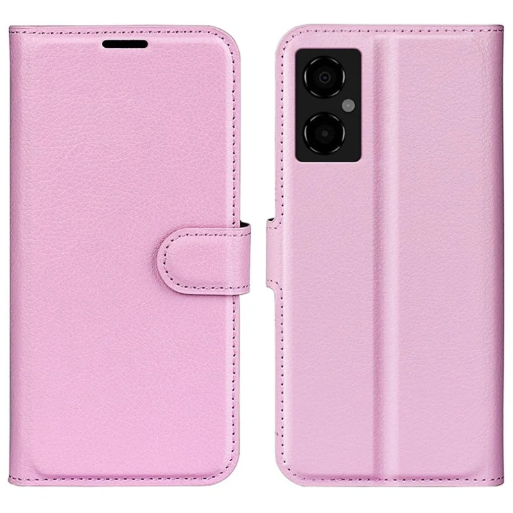 Wallet Cell Phone Case for Xiaomi Poco M4 5G, Anti-wear PU Leather Litchi Texture Stand Case Full Protection Cover - Pink