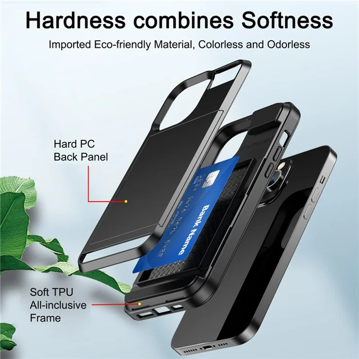 For iPhone 14 Pro 6.1 inch Anti-scratch Phone Case with Sliding Card Holder Smooth Surface PC + TPU Hybrid Phone Shell - Grey