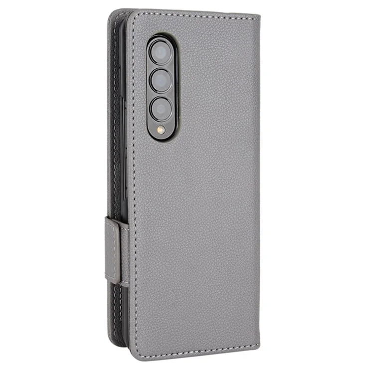 For Samsung Galaxy Z Fold3 5G Side Magnetic Clasp Litchi Texture PU Leather Phone Case Stand Wallet Folio Flip Cover - Grey