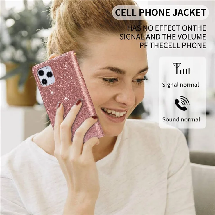 For iPhone 14 Plus 6.7 inch Flip Cover, Laser Carving Glittery Starry Style Zipper Wallet Stand Leather Phone Case with Strap - Rose Gold
