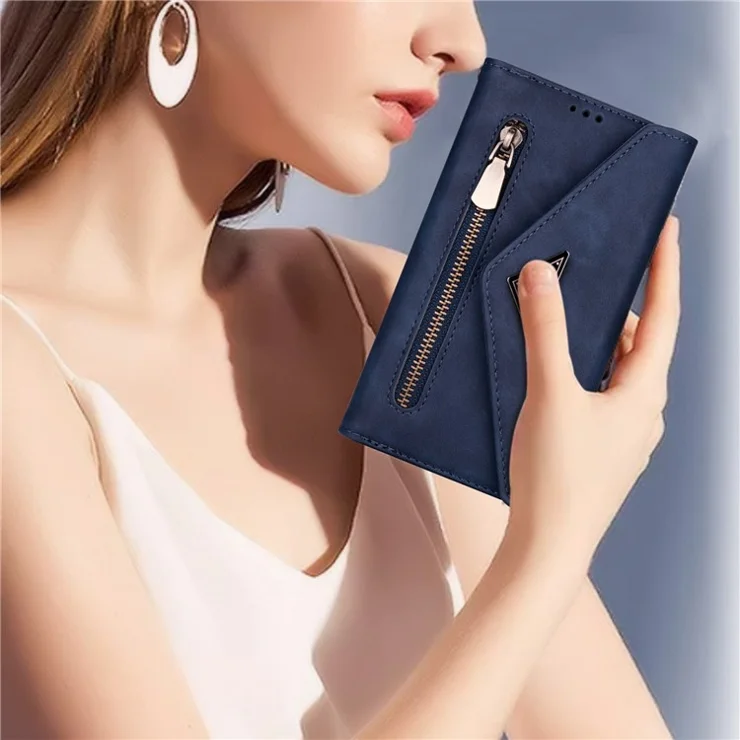For iPhone 14 6.1 inch Anti-scratch Phone Case PU Leather Skin-touch Feeling Zipper Wallet Stand Cover with Short + Long Strap - Blue
