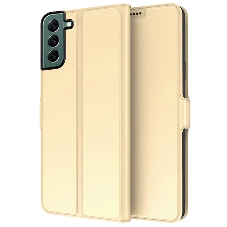 For Samsung Galaxy S22+ 5G PU Leather Phone Case Card Slot Dual Magnetic Clasp Stand Flip Cover - Gold