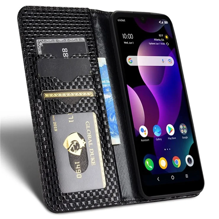 For TCL 30 Z T602DL Full Protection PU Leather TPU Phone Case Grid Texture Stand Wallet Magnetic Auto-absorbed Cover - Black