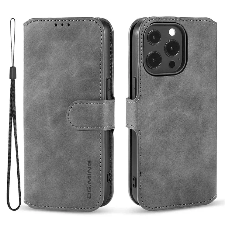 DG.MING For iPhone 14 Pro Max 6.7 inch Retro Style Magnetic Closure Shockproof PU Leather Wallet Phone Case with Stand - Grey