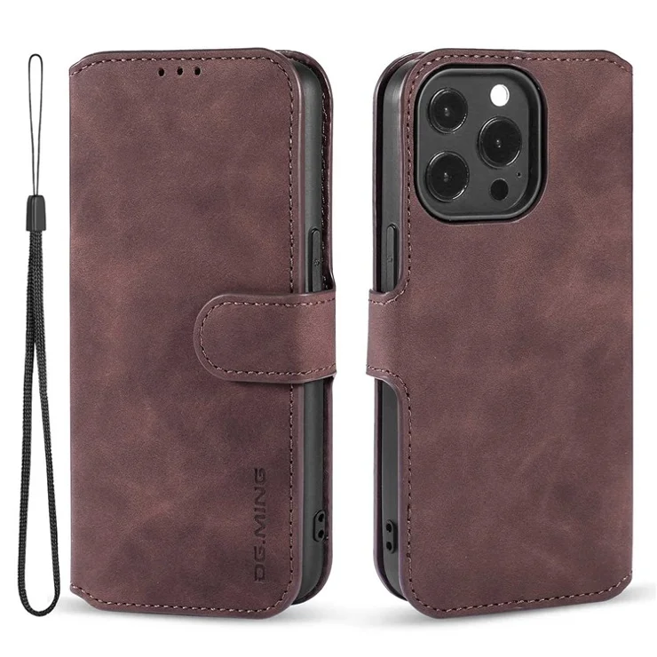 DG.MING For iPhone 14 Pro Max 6.7 inch Retro Style Magnetic Closure Shockproof PU Leather Wallet Phone Case with Stand - Coffee