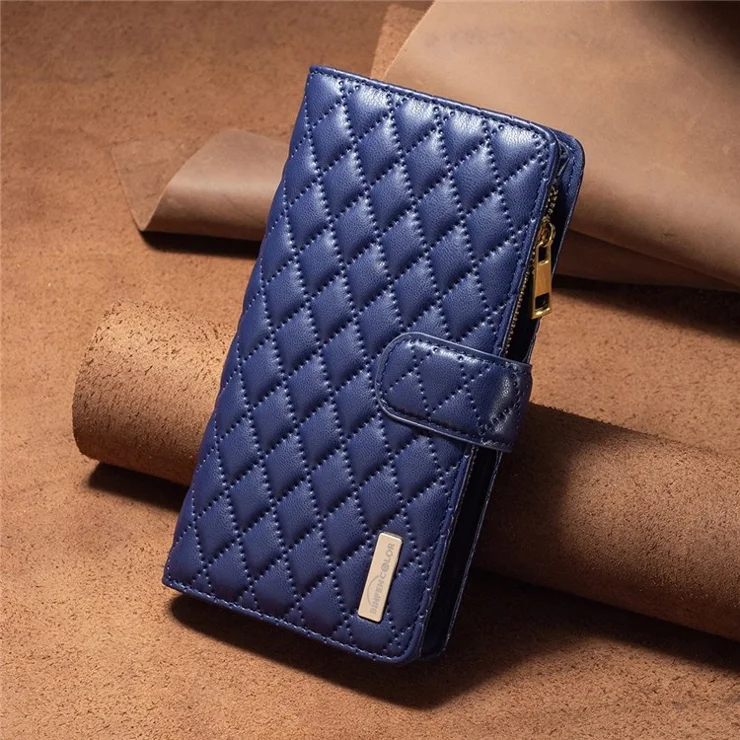 BINFEN COLOR for iPhone 13 Pro Max 6.7 inch BF Style-15 Cellphone Shell, Imprinted Rhombus Pattern All-round Shockproof Case with Zipper Pocket Stand Matte PU Leather Wallet Cover - Blue