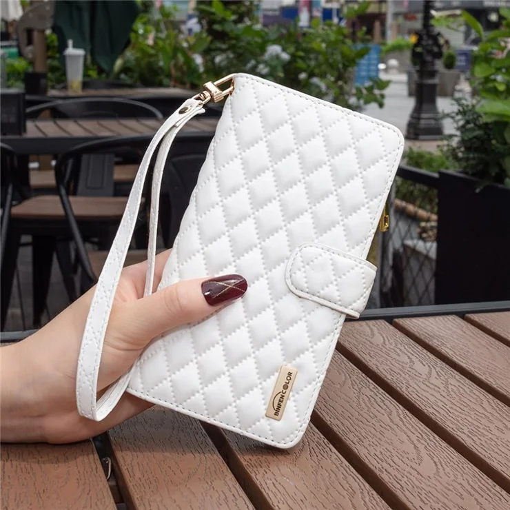 BINFEN COLOR for iPhone 14 Pro 6.1 inch BF Style-15 Zipper Pocket Imprinted Rhombus Pattern Case Drop Resistant Flip Stand Matte PU Leather Wallet Cover - White