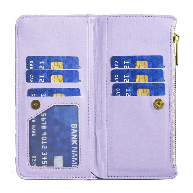 BINFEN COLOR for Samsung Galaxy A22 5G (EU Version) BF Style-15 Imprinted Rhombus Pattern Case with Zipper Pocket Horizontal Stand Matte PU Leather Wallet Cover - Purple