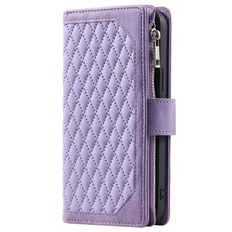 005 Smartphone Cover for Samsung Galaxy S20 FE 2022 / S20 Lite / S20 FE 5G / 4G, Handy Strap Rhombus Grid Textured PU Leather Zipper Pocket Stand Wallet Case - Purple