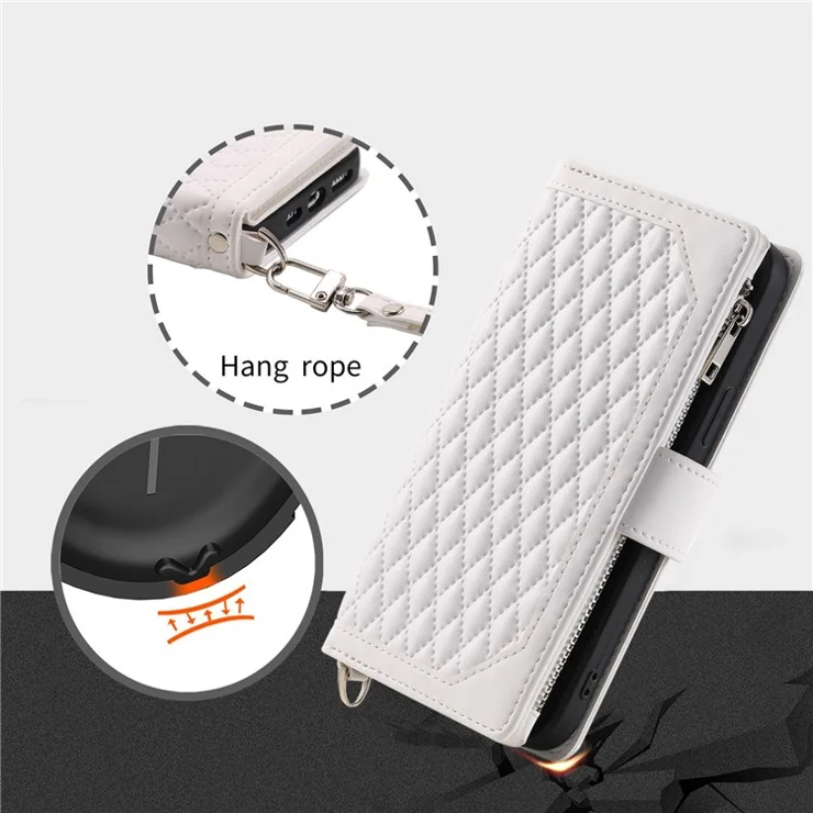 005 Smartphone Cover for Samsung Galaxy S20 FE 2022 / S20 Lite / S20 FE 5G / 4G, Handy Strap Rhombus Grid Textured PU Leather Zipper Pocket Stand Wallet Case - White
