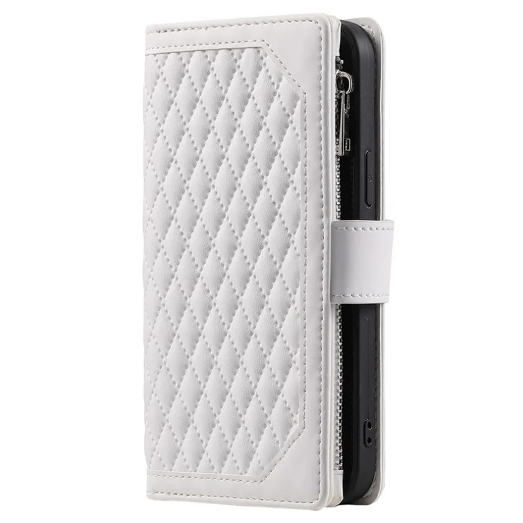 For iPhone 13 Pro Max 6.7 inch 005 Leather Cell Phone Case Bag Rhombus Grid Textured Zipper Pocket Stand Wallet Phone Shell with Strap - White
