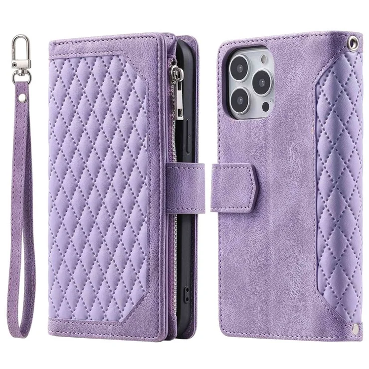 005 Mobile Phone Cover for iPhone 14 Pro Max 6.7 inch, Handy Strap Rhombus Grid Textured PU Leather Zipper Pocket Stand Wallet Case - Purple