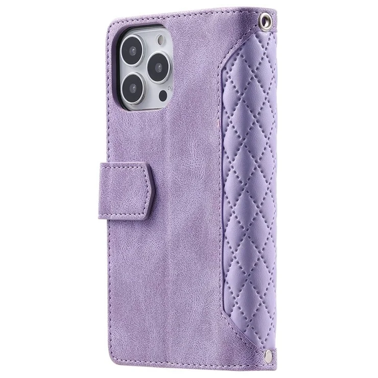 005 Mobile Phone Cover for iPhone 14 Pro Max 6.7 inch, Handy Strap Rhombus Grid Textured PU Leather Zipper Pocket Stand Wallet Case - Purple