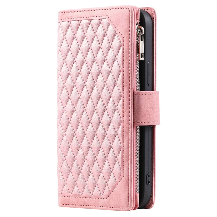005 Style Phone Protective Cover for Samsung Galaxy A53 5G, Rhombus Texture PU Leather Zipper Pocket Stand Wallet Case with Wrist Strap - Rose Gold