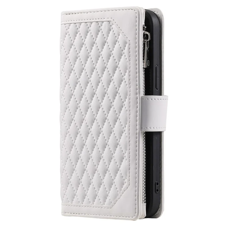 005 Style for Samsung Galaxy A73 5G Rhombus Texture Smartphone Cover PU Leather Zipper Pocket Stand Wallet Drop-proof Case with Strap - White