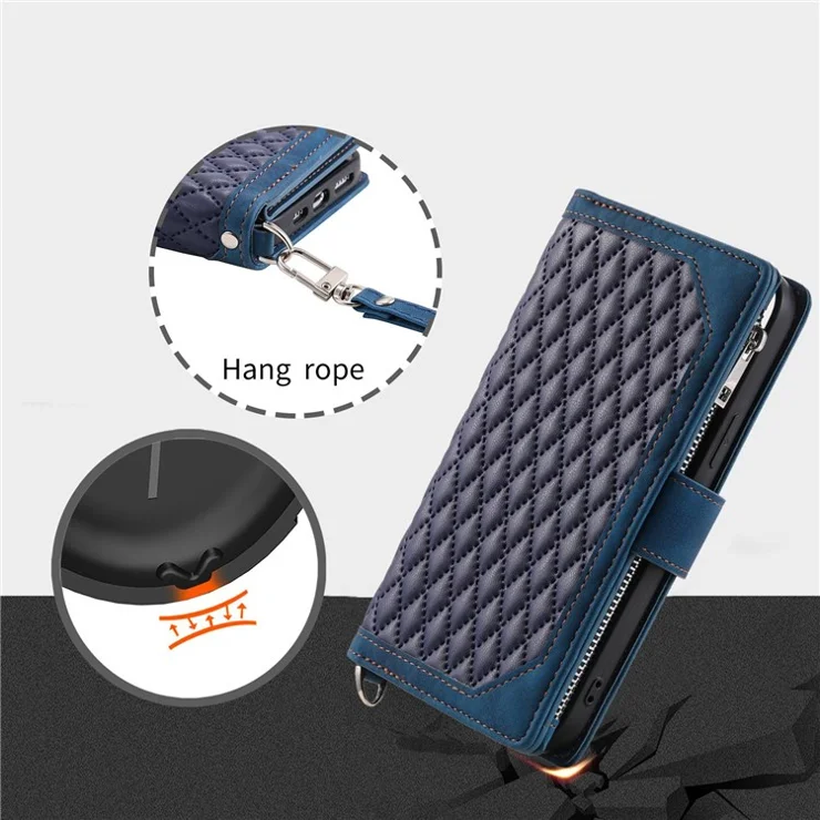 005 Style Smartphone Cover for Xiaomi Redmi Note 11 4G (Qualcomm) / Note 11S 4G, Rhombus Texture PU Leather Zipper Pocket Stand Wallet Case with Strap - Blue