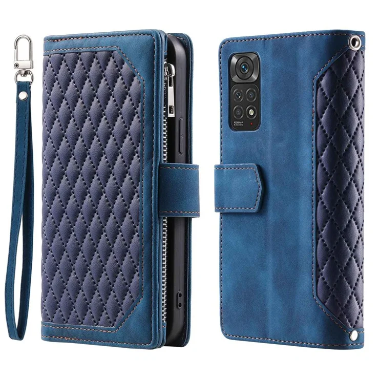 005 Style PU Leather Phone Cover for Xiaomi Redmi Note 12 Pro 4G / Note 11 Pro 4G (Mediatek) / 11 Pro 5G (Qualcomm), Rhombus Texture Zipper Pocket Shell Stand Wallet Case with Strap - Blue