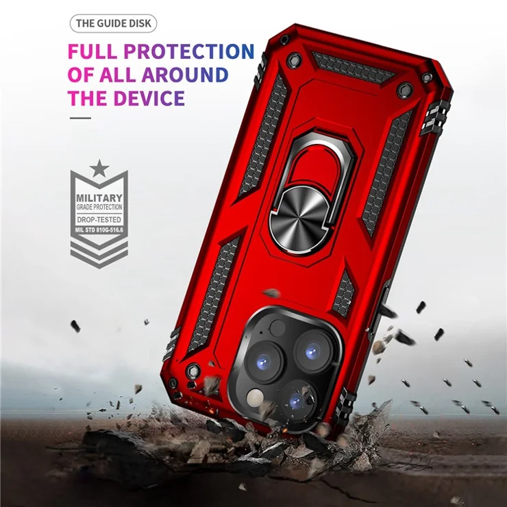 For iPhone 14 Pro Max 6.7 inch Rotary Kickstand Phone Case Soft TPU Hard PC Back Cover with Built-in Metal Sheet - Red