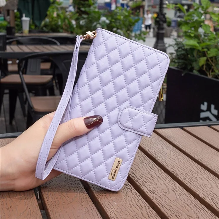 BINFEN COLOR BF Style-15 for iPhone XS Max 6.5 inch Zipper Pocket PU Leather Stand Wallet Case Anti-scratch Matte Rhombus Pattern Imprinted Phone Cover - Purple
