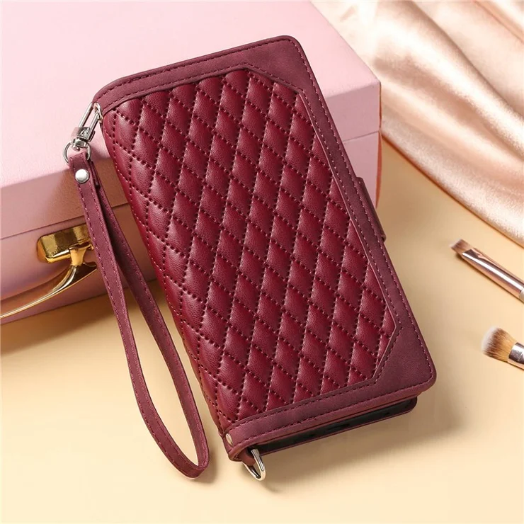 005 Style for Samsung Galaxy S21 FE 5G Rhombus Texture Anti-drop Phone Case PU Leather Zipper Pocket Stand Wallet Cover with Wrist Strap - Wine Red