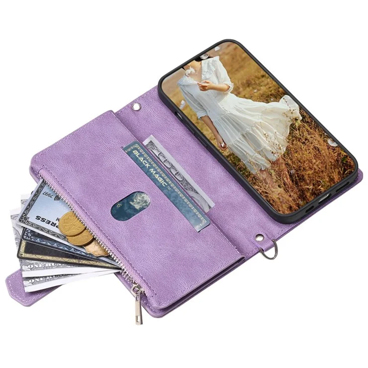 005 Style Zipper Pocket Stand Case for iPhone 11 Pro Max 6.5 inch, PU Leather Wallet Rhombus Texture Phone Shell Protector with Wrist Strap - Purple