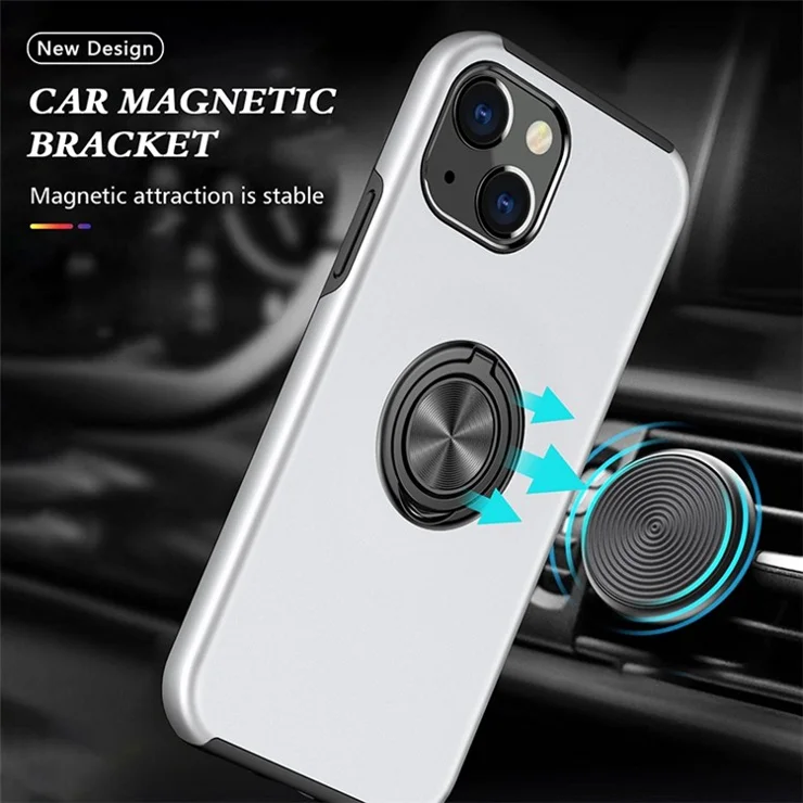 For iPhone 14 6.1 inch Hard PC+Soft TPU Dual Layer Protection Case Ring Car Mount Kickstand Protective Phone Cover - Silver