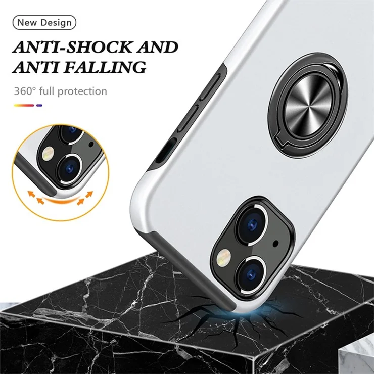For iPhone 14 6.1 inch Hard PC+Soft TPU Dual Layer Protection Case Ring Car Mount Kickstand Protective Phone Cover - Silver