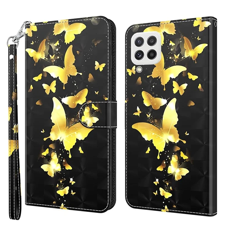 For Samsung Galaxy A22 4G (EU Version) / M32 (Global Version) 4G / M22 4G Anti-fall PU Leather Phone Stand Case 3D Pattern Printed Magnetic Closure Wallet Phone Cover with Strap - Golden Butterflies