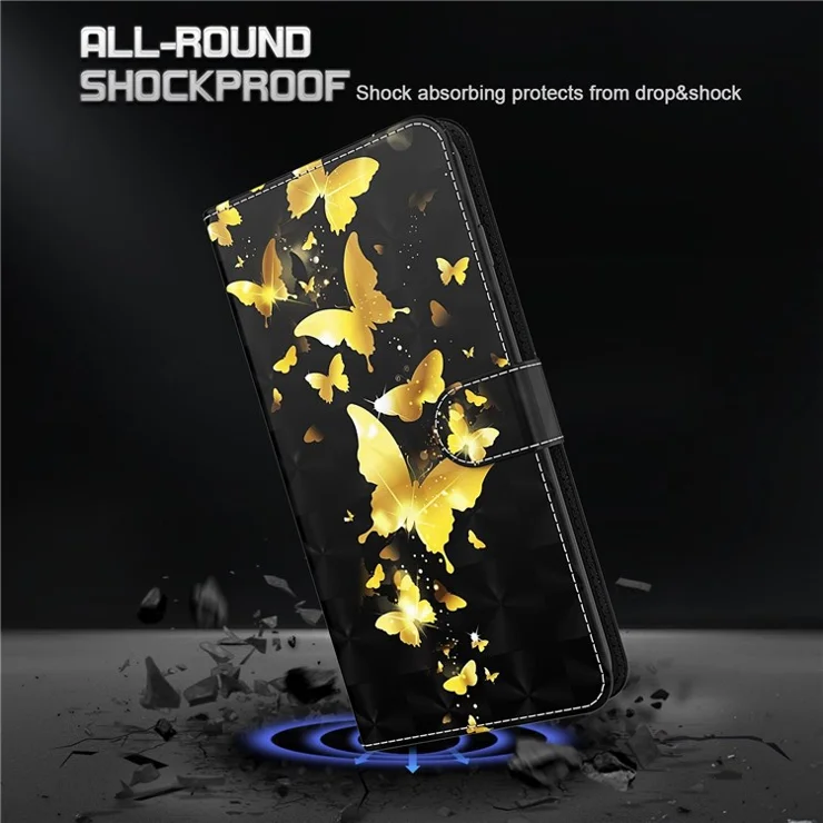 For Samsung Galaxy A22 4G (EU Version) / M32 (Global Version) 4G / M22 4G Anti-fall PU Leather Phone Stand Case 3D Pattern Printed Magnetic Closure Wallet Phone Cover with Strap - Golden Butterflies